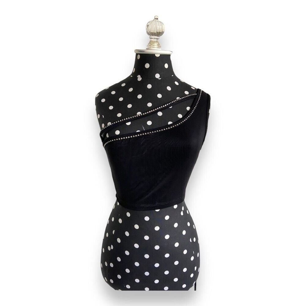 Carabella Womens Top‎ Sz S Black Rhinestones One Shoulder Crop Cropped NEW